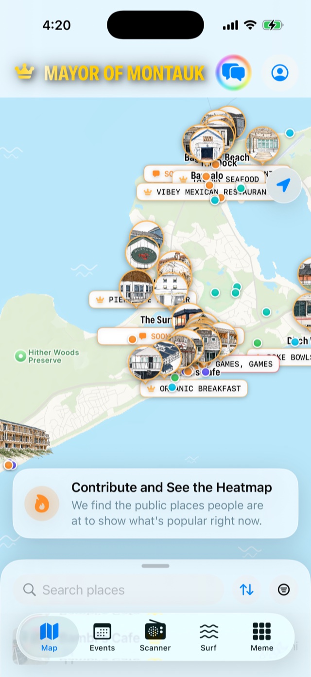 Live map of Montauk in the app: illustrated pins for restaurants, bars, beaches, and music venues, with live event callouts