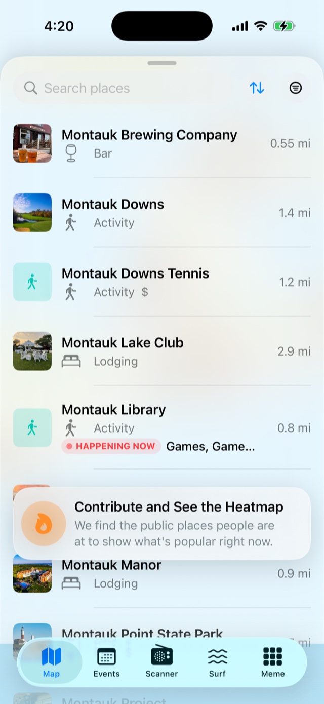 App list of Montauk spots with photos, distances, and a live Happening Now badge