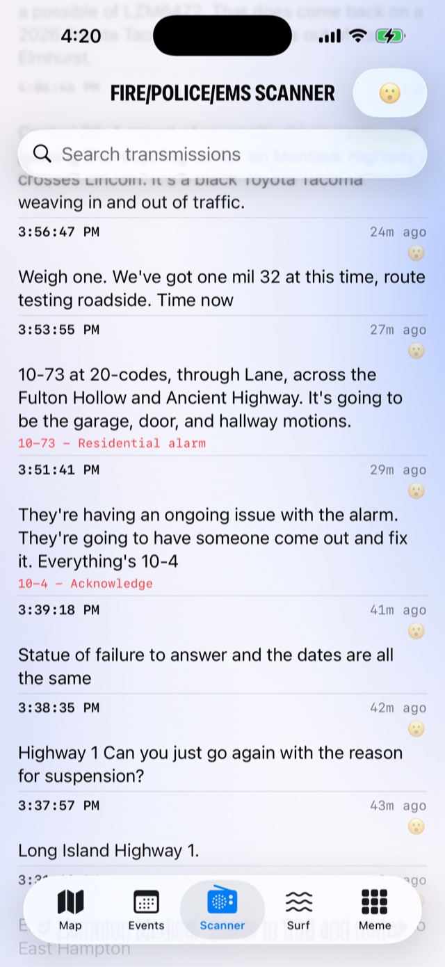 Fire, police, and EMS scanner screen in the app with transcribed radio transmissions