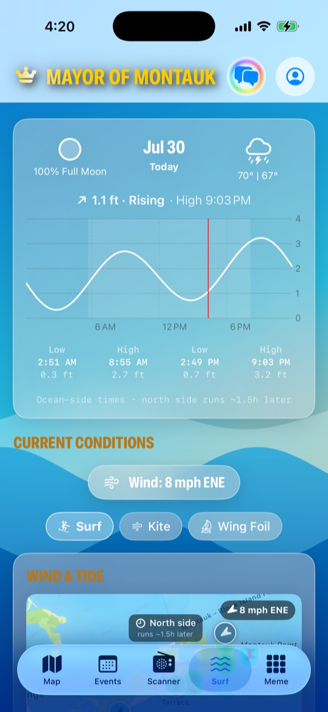 Montauk surf report in the app with weather, tide chart, current wind, and a live wind map
